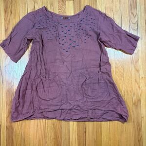 Vintage Blue Fish Clothing Dress Size 1 Made in USA 100% Linen Pocket Lagenlook